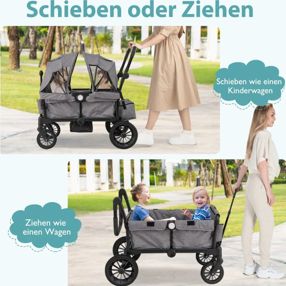 2 in 1 Klappbare Geschwisterwagen mit Verstellbarem Griff & Abnehmbarem Verdeck Grau