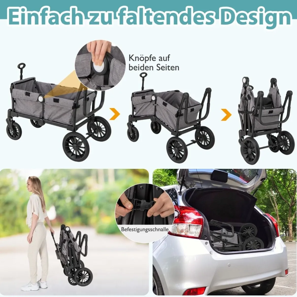 2 in 1 Klappbare Geschwisterwagen mit Verstellbarem Griff & Abnehmbarem Verdeck Grau