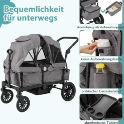 2 in 1 Klappbare Geschwisterwagen mit Verstellbarem Griff & Abnehmbarem Verdeck Grau
