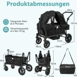 2 in 1 Klappbare Geschwisterwagen mit Verstellbarem Griff & Abnehmbarem Verdeck Schwarz