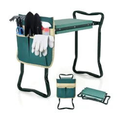 2 in 1 Klappbare Kniebank für Gartenarbeit mit EVE-Polster & 1 Werkzeugtasche Gartenhocker Grün