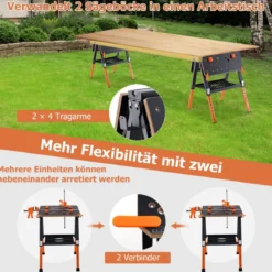 2 in 1 Klappbarer Arbeitstisch mit 8 Einstellbaren Höhen & Arbeitsfläche & Metallrahmen Werkbank
