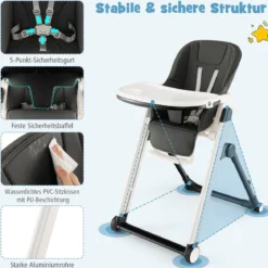 5 in 1 Klappbarer Hochstuhl mit Verstellbarer Rückenlehne & Füßstütze & 5-Punkt-Gurt Grau
