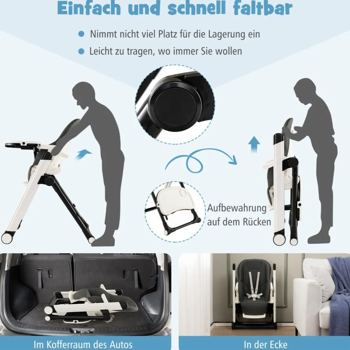 5 in 1 Klappbarer Hochstuhl mit Verstellbarer Rückenlehne & Füßstütze & 5-Punkt-Gurt Grau