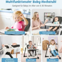 5 in 1 Klappbarer Hochstuhl mit Verstellbarer Rückenlehne & Füßstütze & 5-Punkt-Gurt Grau
