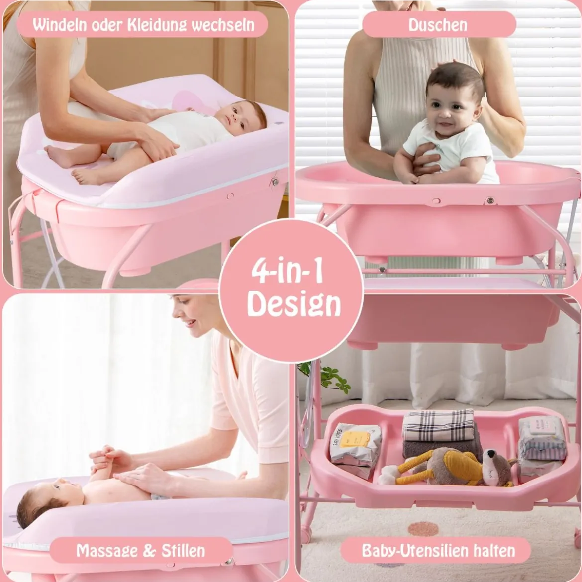 4 in 1 Klappbarer Wickeltisch mit Badewanne tragbare Wickelkommode mit Wickelauflage