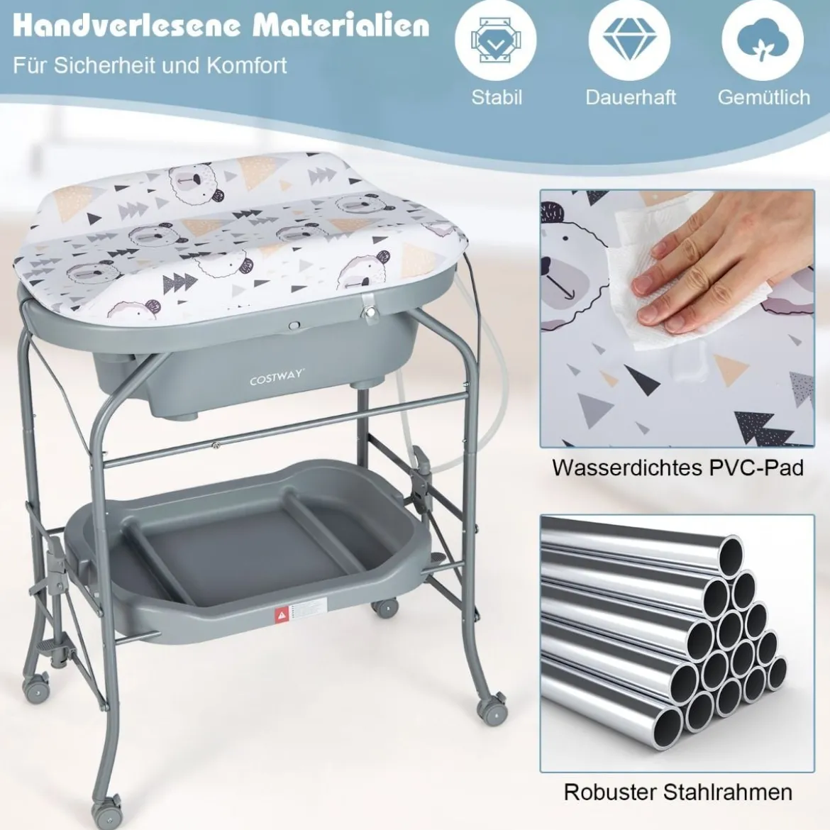 4 in 1 Klappbarer Wickeltisch mit Badewanne tragbare Wickelkommode mit Wickelauflage