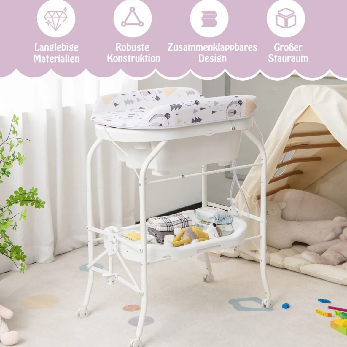4 in 1 Klappbarer Wickeltisch mit Badewanne tragbare Wickelkommode mit Wickelauflage