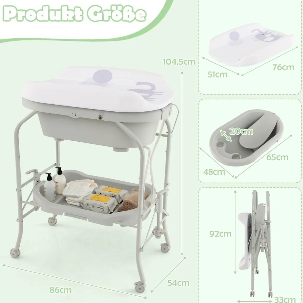 4 in 1 Klappbarer Wickeltisch mit Badewanne tragbare Wickelkommode mit Wickelauflage