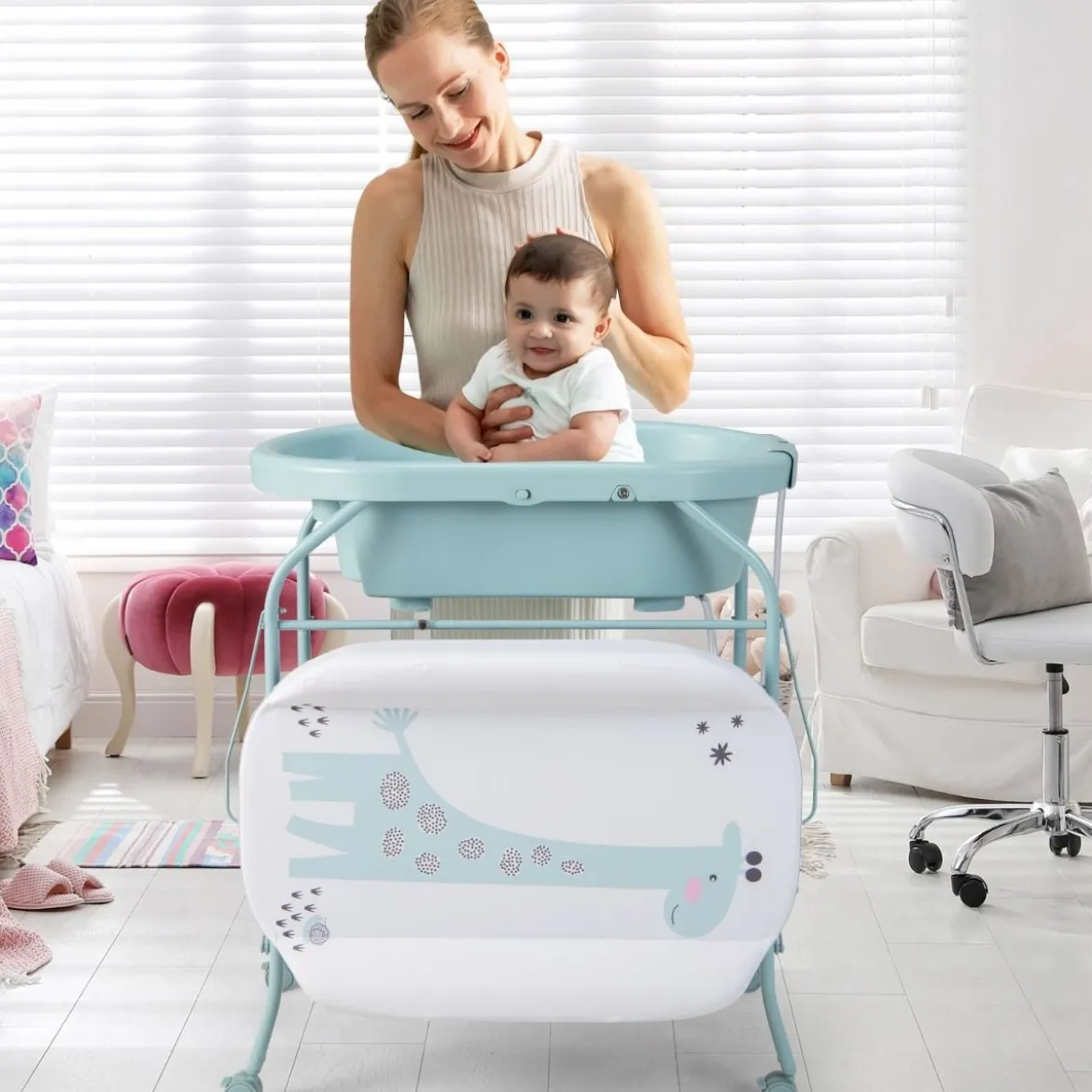 4 in 1 Klappbarer Wickeltisch mit Badewanne tragbare Wickelkommode mit Wickelauflage