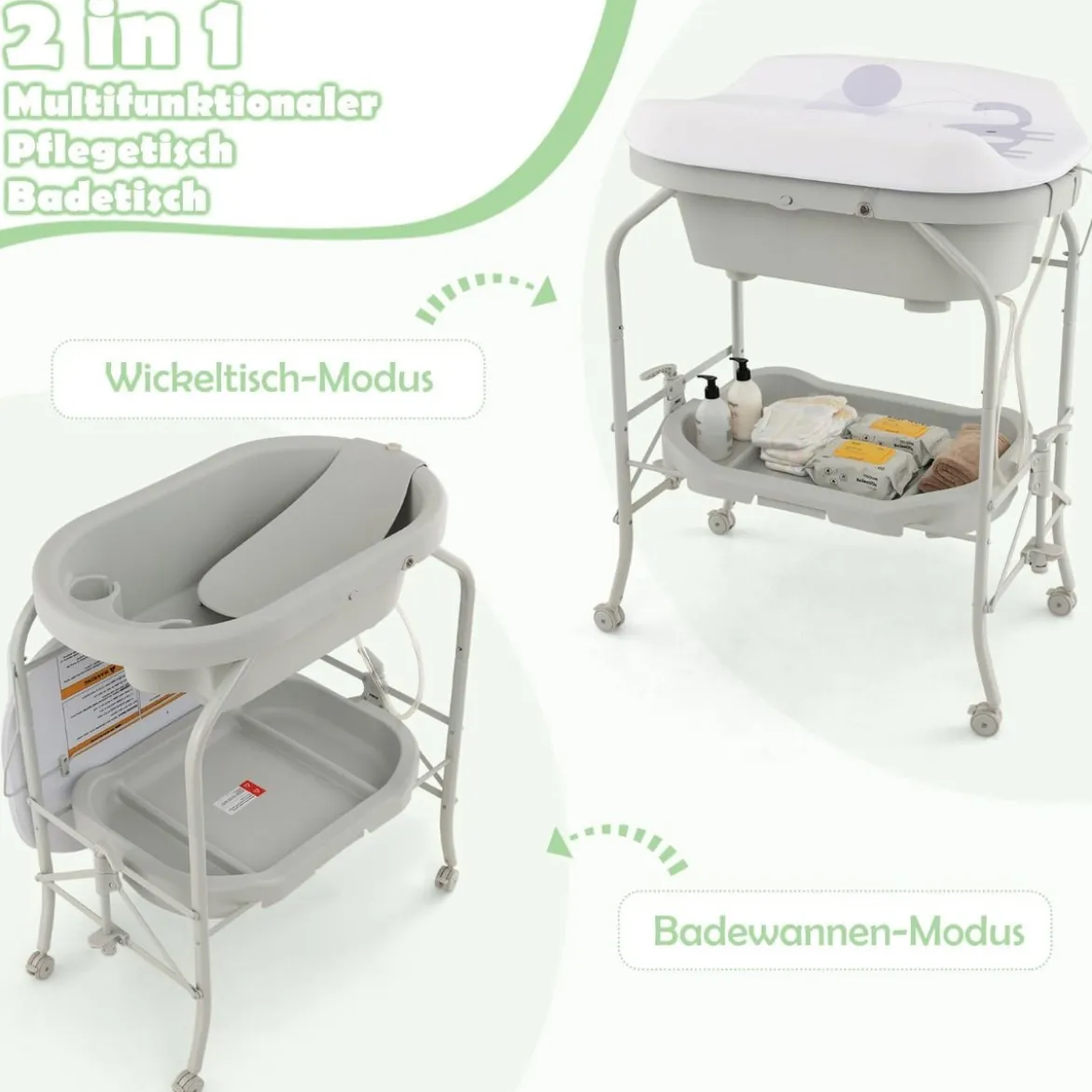 4 in 1 Klappbarer Wickeltisch mit Badewanne tragbare Wickelkommode mit Wickelauflage