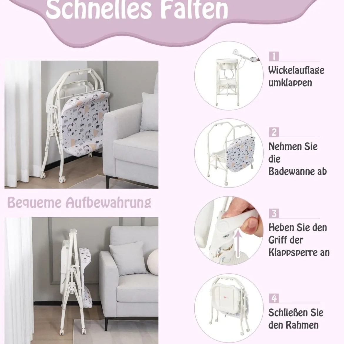 4 in 1 Klappbarer Wickeltisch mit Badewanne tragbare Wickelkommode mit Wickelauflage