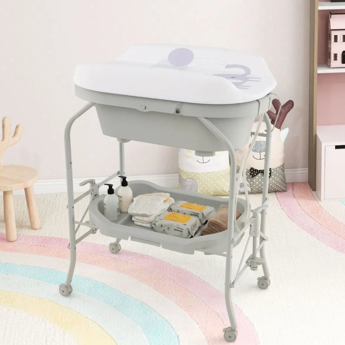 4 in 1 Klappbarer Wickeltisch mit Badewanne tragbare Wickelkommode mit Wickelauflage