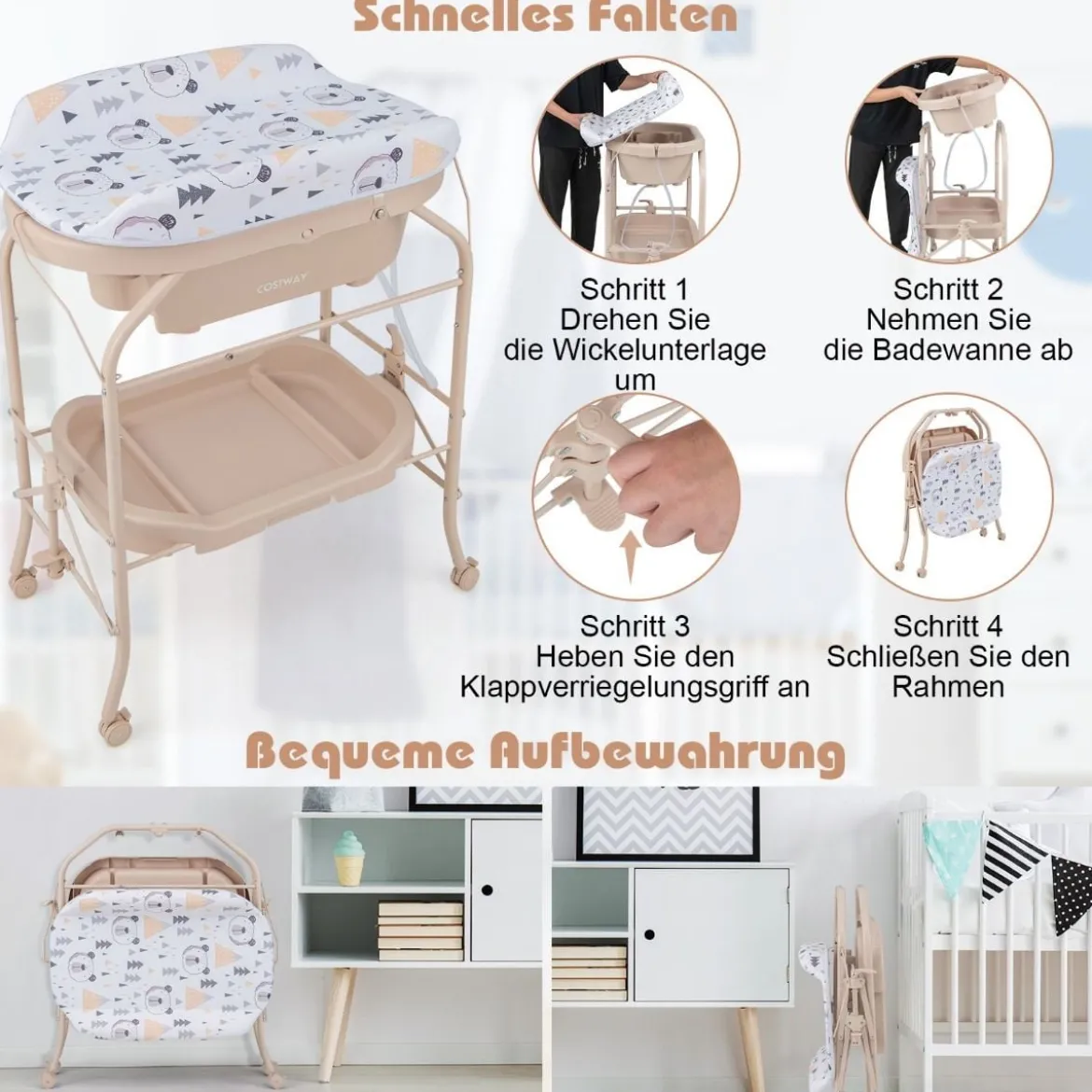 4 in 1 Klappbarer Wickeltisch mit Badewanne tragbare Wickelkommode mit Wickelauflage