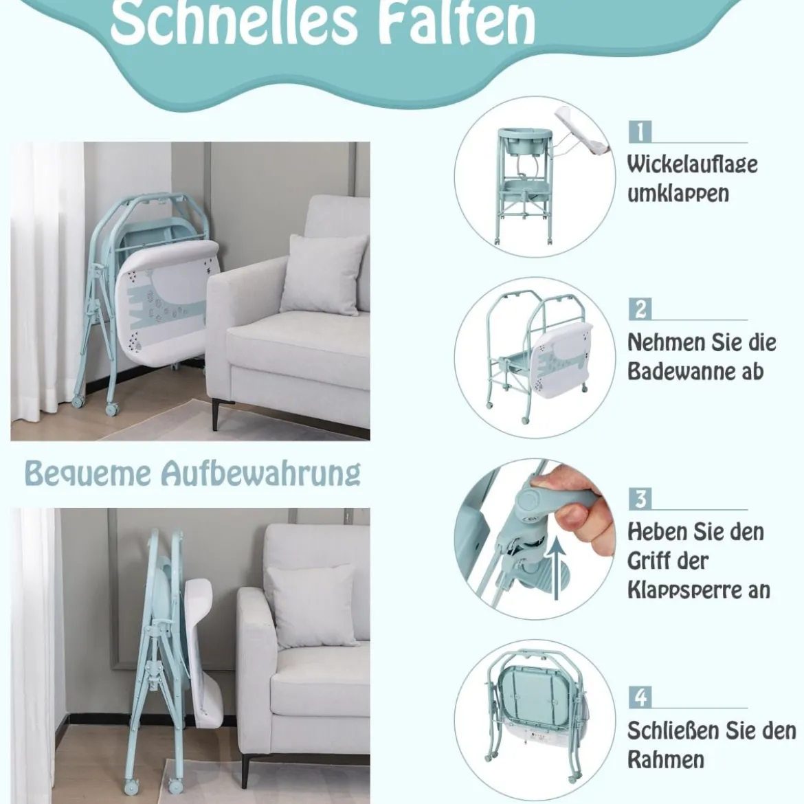 4 in 1 Klappbarer Wickeltisch mit Badewanne tragbare Wickelkommode mit Wickelauflage