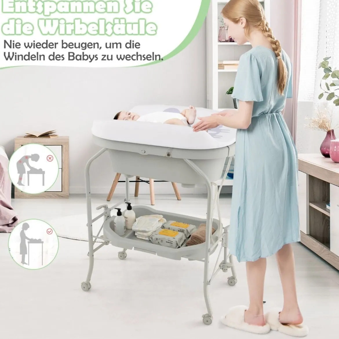 4 in 1 Klappbarer Wickeltisch mit Badewanne tragbare Wickelkommode mit Wickelauflage