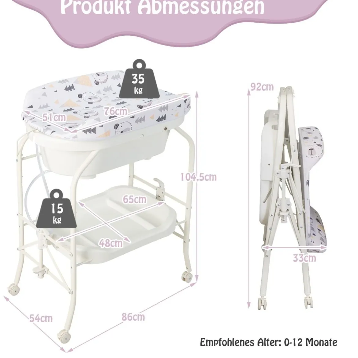 4 in 1 Klappbarer Wickeltisch mit Badewanne tragbare Wickelkommode mit Wickelauflage