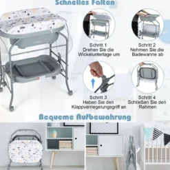 4 in 1 Klappbarer Wickeltisch mit Badewanne tragbare Wickelkommode mit Wickelauflage