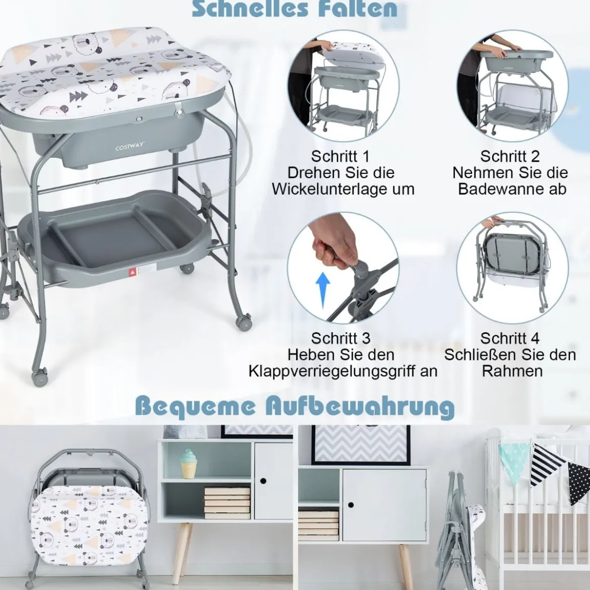 4 in 1 Klappbarer Wickeltisch mit Badewanne tragbare Wickelkommode mit Wickelauflage