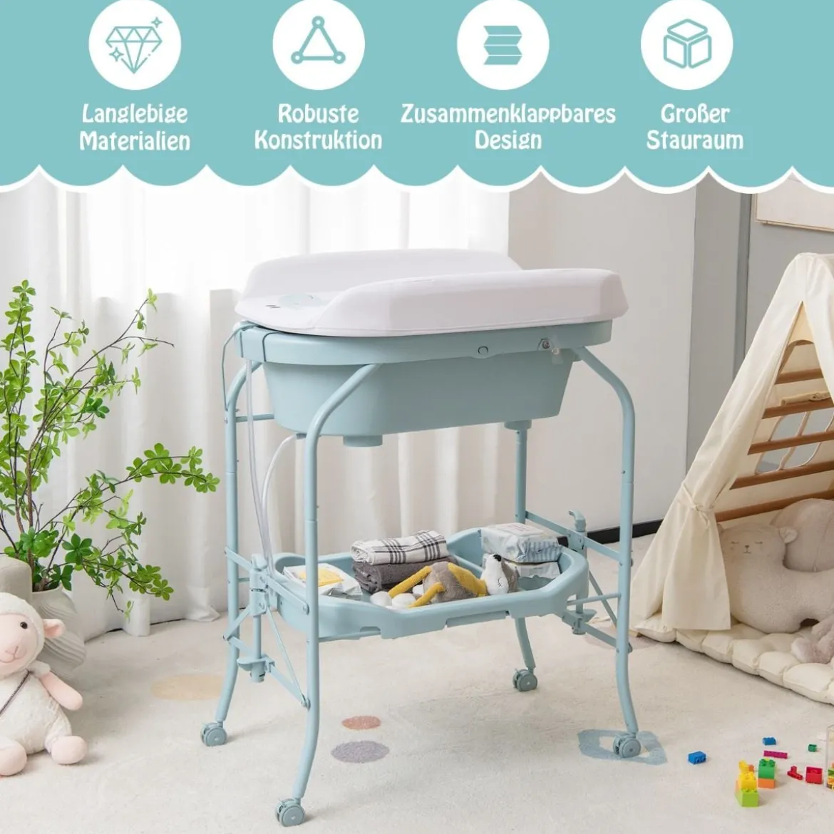 4 in 1 Klappbarer Wickeltisch mit Badewanne tragbare Wickelkommode mit Wickelauflage
