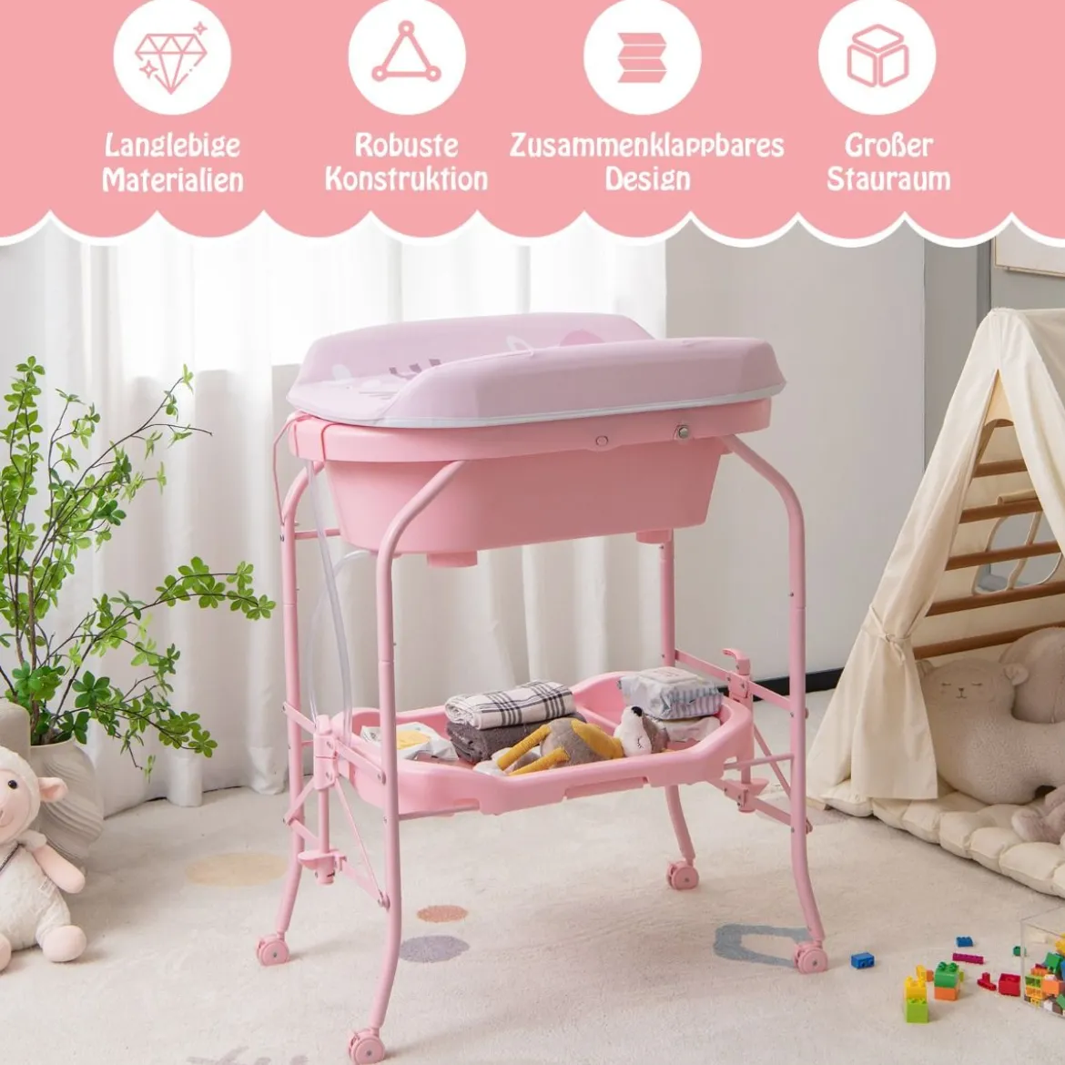 4 in 1 Klappbarer Wickeltisch mit Badewanne tragbare Wickelkommode mit Wickelauflage