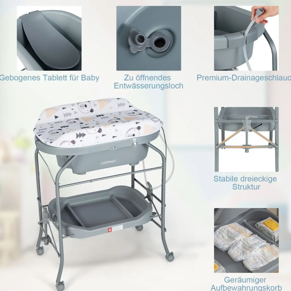 4 in 1 Klappbarer Wickeltisch mit Badewanne tragbare Wickelkommode mit Wickelauflage