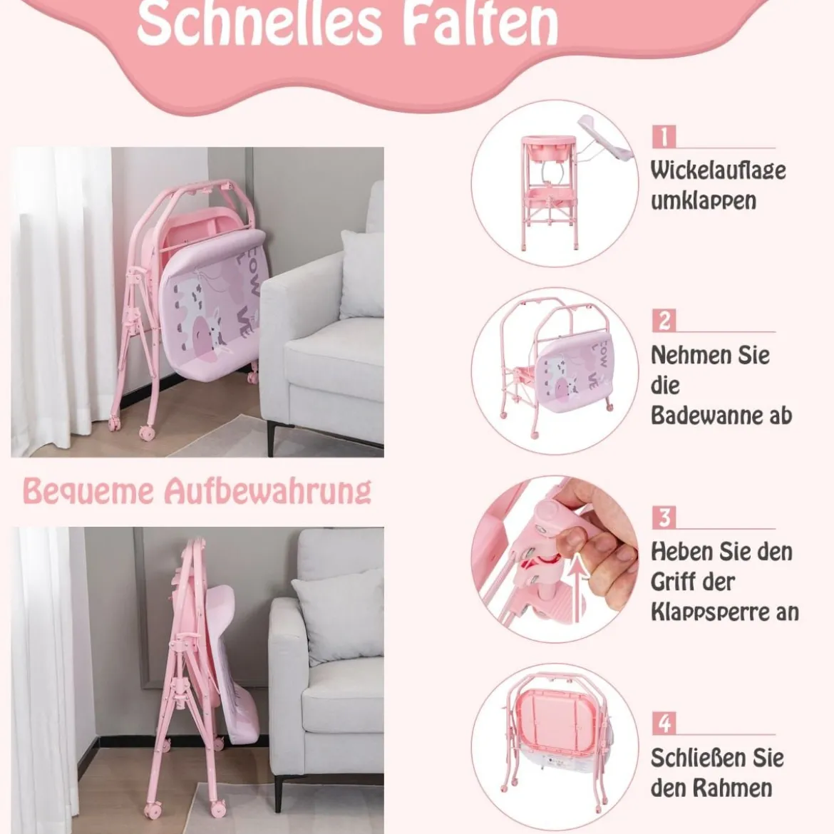 4 in 1 Klappbarer Wickeltisch mit Badewanne tragbare Wickelkommode mit Wickelauflage