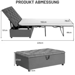 2 in 1 Klappbares Gästebett & Ottomanen mit Matratze Schlafsessel mit Bettfunktion Grau