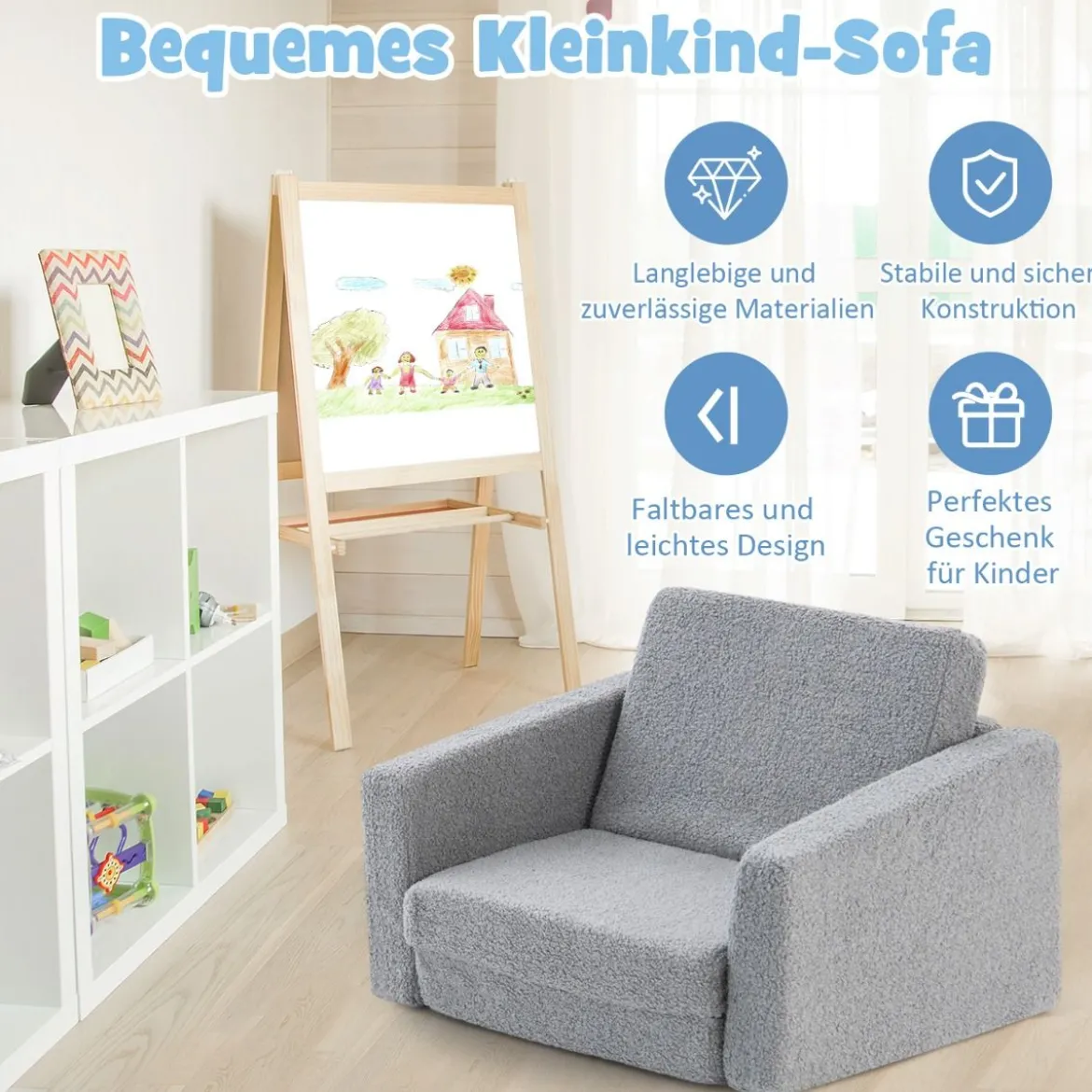 2 in 1 Klappbares Kindersofa mit Samtstoff Gepolsterter Kindersessel 60 x 43 x 40 cm Grau