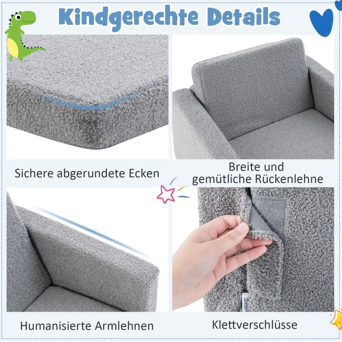 2 in 1 Klappbares Kindersofa mit Samtstoff Gepolsterter Kindersessel 60 x 43 x 40 cm Grau