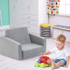 2 in 1 Klappbares Kindersofa mit Samtstoff Gepolsterter Kindersessel 60 x 43 x 40 cm Grau