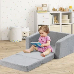 2 in 1 Klappbares Kindersofa mit Samtstoff Gepolsterter Kindersessel 60 x 43 x 40 cm Grau