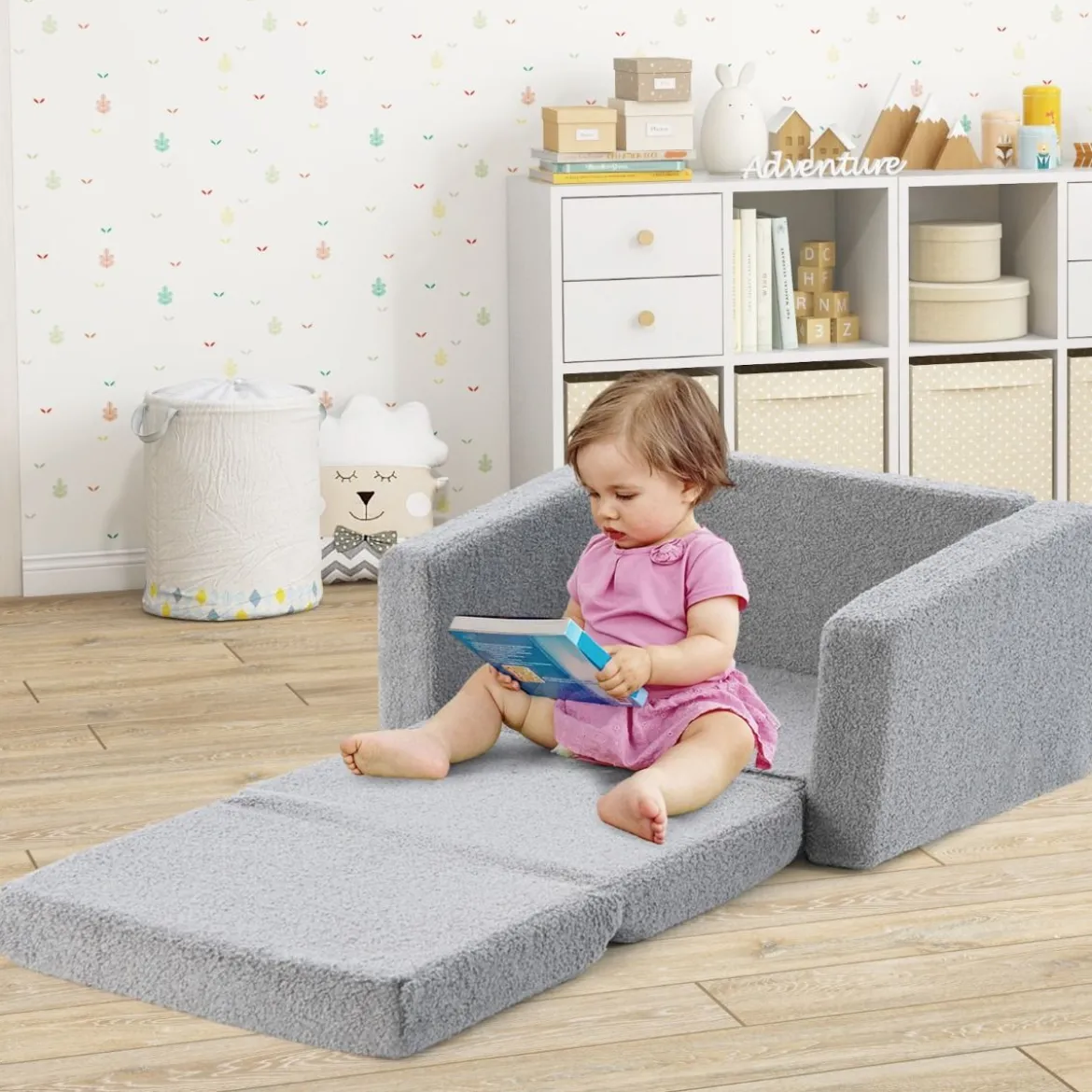 2 in 1 Klappbares Kindersofa mit Samtstoff Gepolsterter Kindersessel 60 x 43 x 40 cm Grau