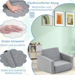 2 in 1 Klappbares Kindersofa mit Samtstoff Gepolsterter Kindersessel 60 x 43 x 40 cm Grau