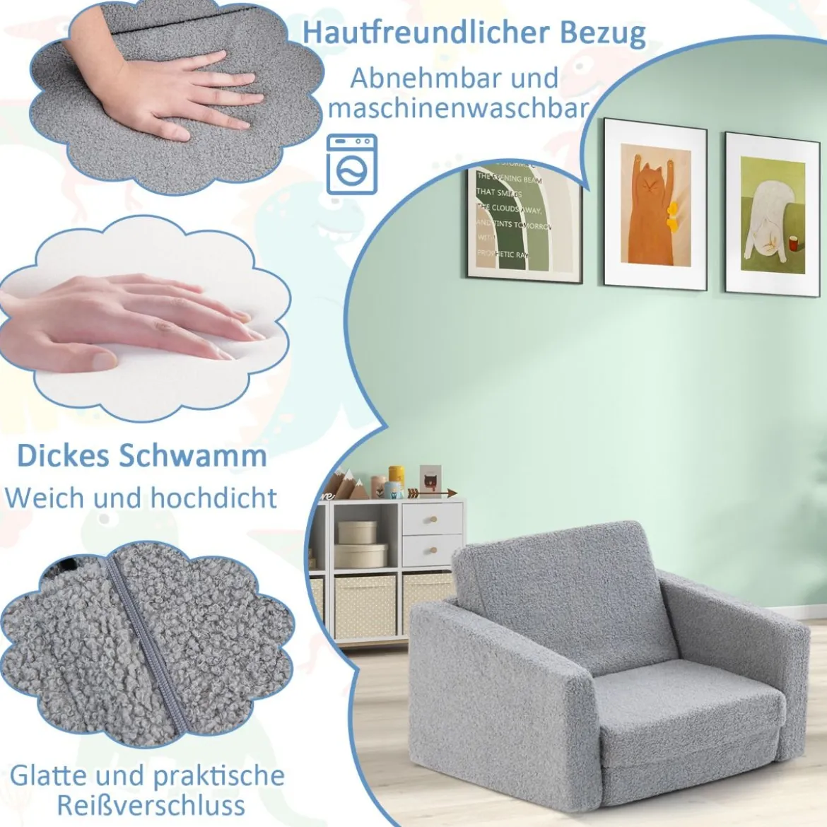 2 in 1 Klappbares Kindersofa mit Samtstoff Gepolsterter Kindersessel 60 x 43 x 40 cm Grau