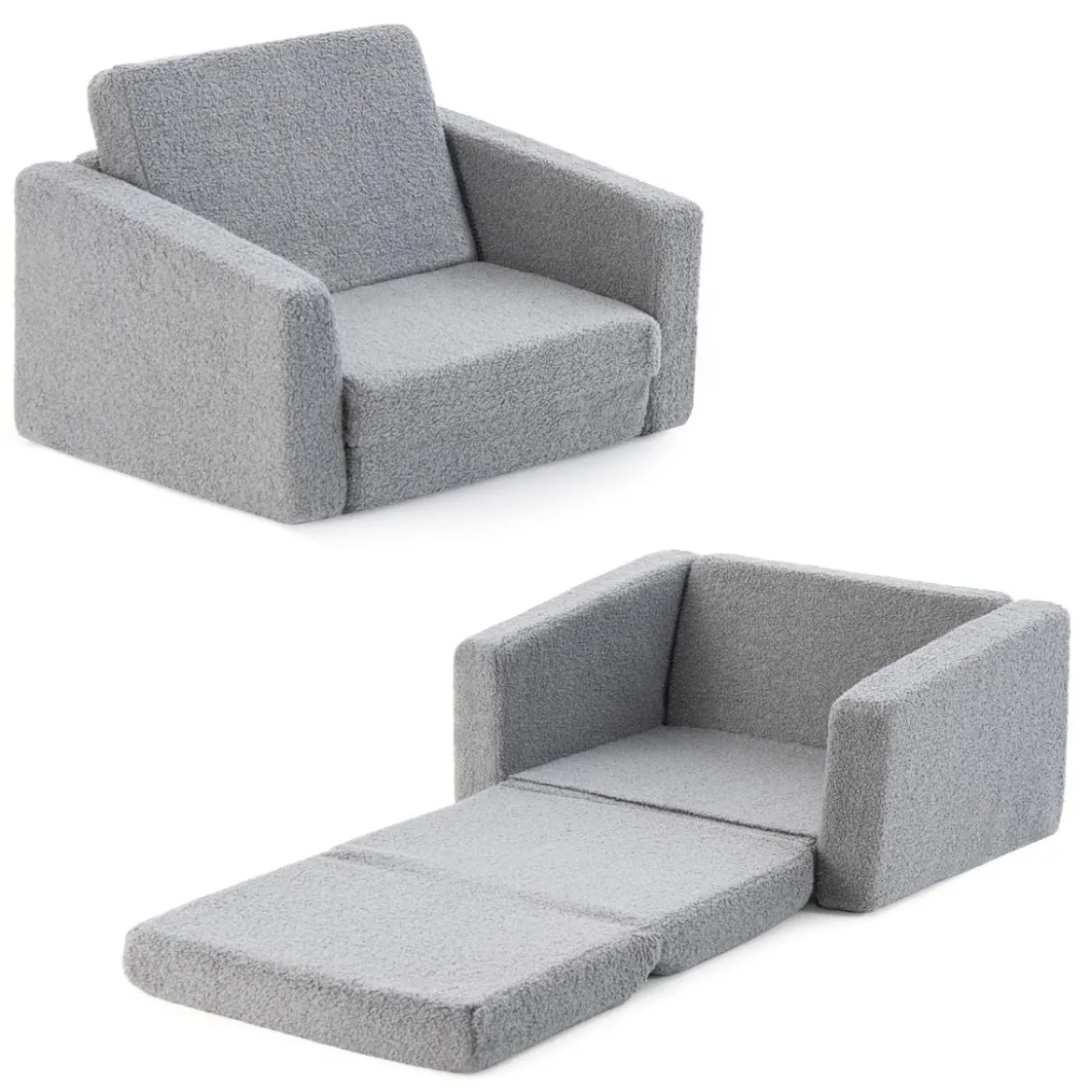 2 in 1 Klappbares Kindersofa mit Samtstoff Gepolsterter Kindersessel 60 x 43 x 40 cm Grau