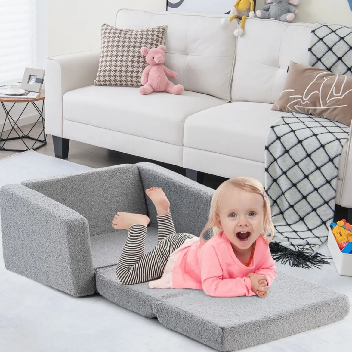 2 in 1 Klappbares Kindersofa mit Samtstoff Gepolsterter Kindersessel 60 x 43 x 40 cm Grau