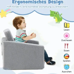 2 in 1 Klappbares Kindersofa mit Samtstoff Gepolsterter Kindersessel 60 x 43 x 40 cm Grau