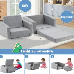 2 in 1 Klappbares Kindersofa mit Samtstoff Gepolsterter Kindersessel 60 x 43 x 40 cm Grau