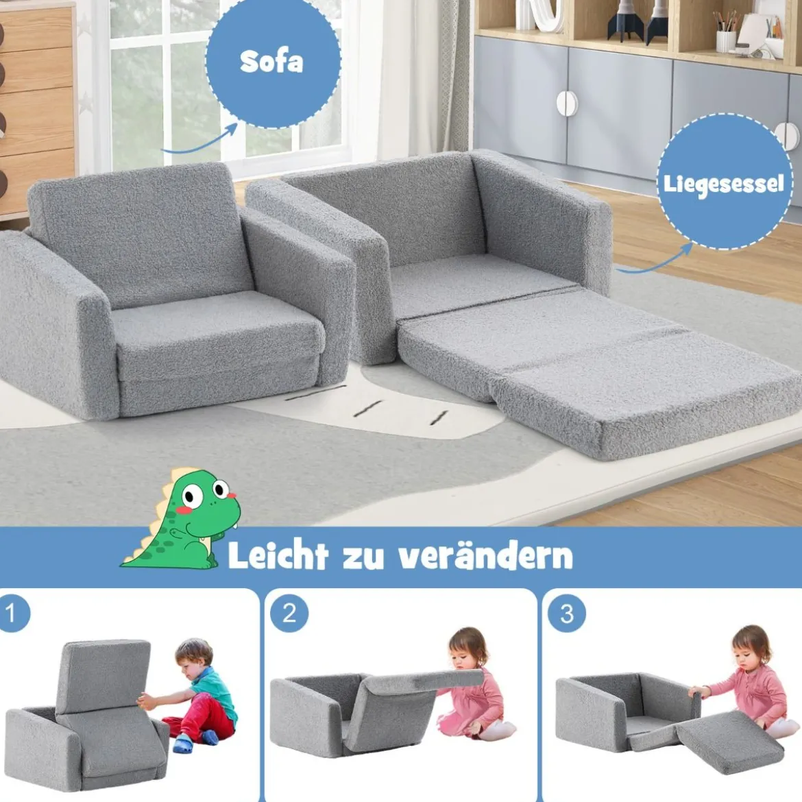 2 in 1 Klappbares Kindersofa mit Samtstoff Gepolsterter Kindersessel 60 x 43 x 40 cm Grau