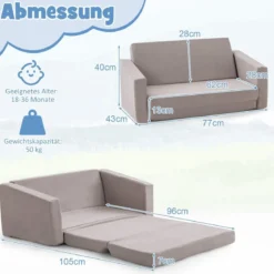 2 in 1 Klappbares Kindersofa mit Samtstoff Gepolsterter Kindersessel 77 x 43 x 40 cm Dunkelgrau