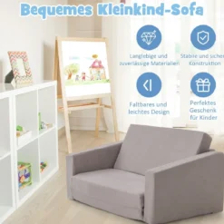 2 in 1 Klappbares Kindersofa mit Samtstoff Gepolsterter Kindersessel 77 x 43 x 40 cm Dunkelgrau