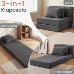 3 In 1 Klappbares Schlafsofa Chenille Mit 2 Kissen für Wohnzimmer Schlafzimmer Home Office Grau