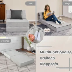 3 in 1 Klappbares Schlafsofa mit Waschbarem Bezug Extra Dick Schaumstoff (15cm) Grau
