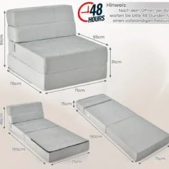 3 in 1 Klappbares Schlafsofa mit Waschbarem Bezug Extra Dick Schaumstoff (15cm) Grau