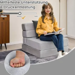 3 in 1 Klappbares Schlafsofa mit Waschbarem Bezug Extra Dick Schaumstoff (15cm) Grau