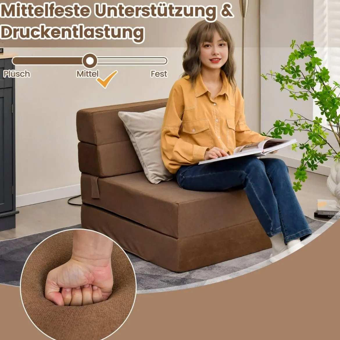 3 in 1 Klappbares Schlafsofa mit Waschbarem Bezug Extra Dick Schaumstoff (15cm) Braun