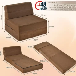 3 in 1 Klappbares Schlafsofa mit Waschbarem Bezug Extra Dick Schaumstoff (15cm) Braun