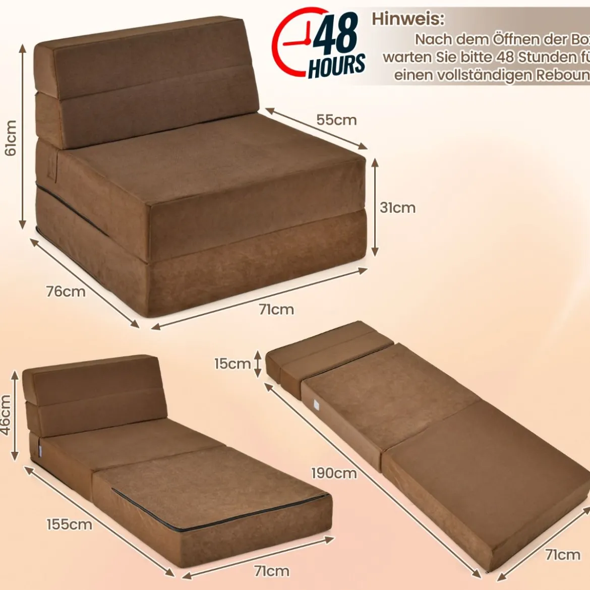 3 in 1 Klappbares Schlafsofa mit Waschbarem Bezug Extra Dick Schaumstoff (15cm) Braun