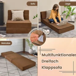 3 in 1 Klappbares Schlafsofa mit Waschbarem Bezug Extra Dick Schaumstoff (15cm) Braun